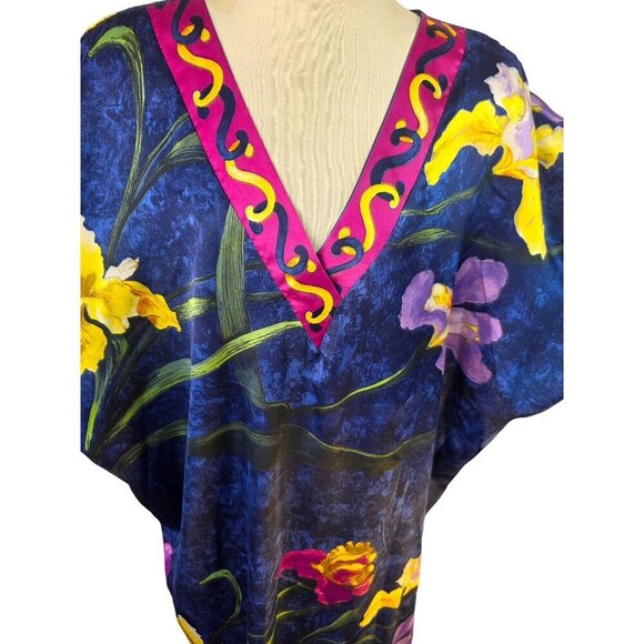 Calypso by Delicates 90s Tropical Caftan Dress Womens OS Pastel Floral on Blue - Picture 4 of 9